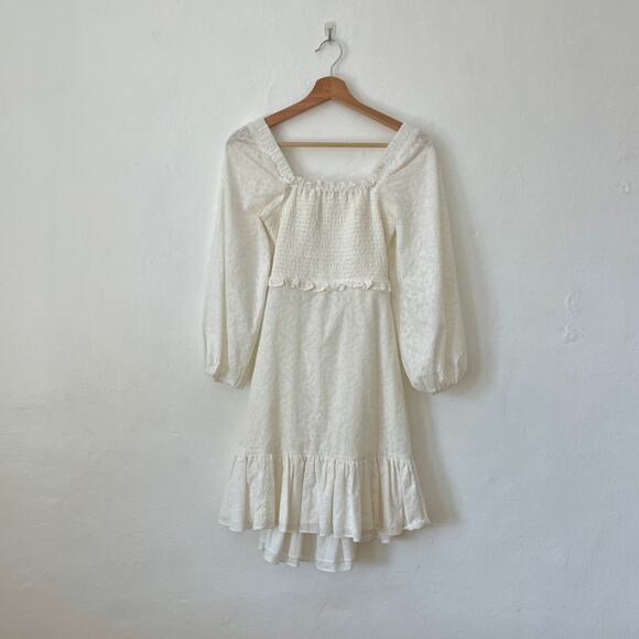 Veronica Beard – Denise White Smocked Long Sleeve Eyelet Mini Dress - Picture 1 of 16